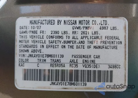 2008 Infiniti M35 z USA, uszkodzony, nr VIN JNKAY01E78M601139